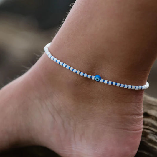 Pineapple Island Adjustable Anklet Glass Bead Blue Evil Eye