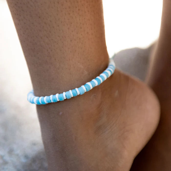 Pineapple Island Adjustable Anklet With Frosted Glass And Coconut Wood Beads Blue