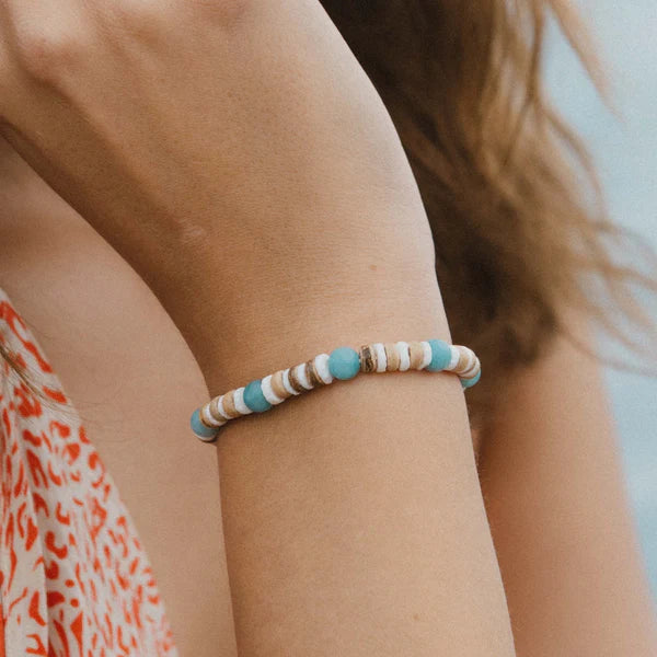 Pineapple Island Adjustable Bracelet With Real Puka Stones, Natural Stone And Wooden Beads Blue