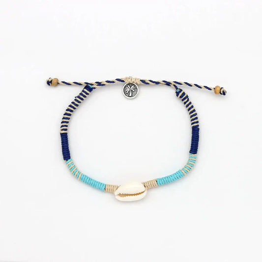 Pineapple Island Adjustable Bracelet Hand Wrapped With Cowrie Shell Blue