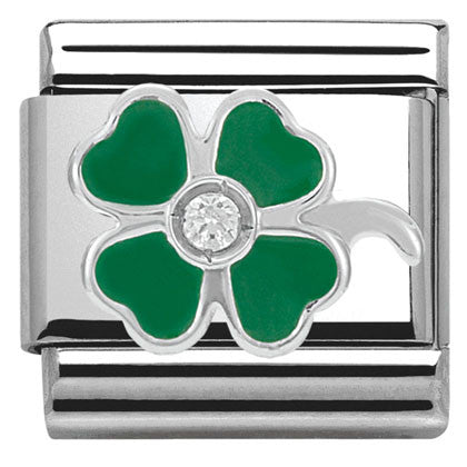 330305/13 CLASSIC Silver & enamel,1 CZ,925 silver Green clover