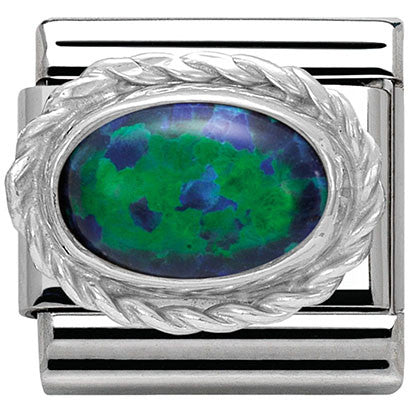 330503/26 Classic hard stones S/steel rich silver 925 setting,green opal